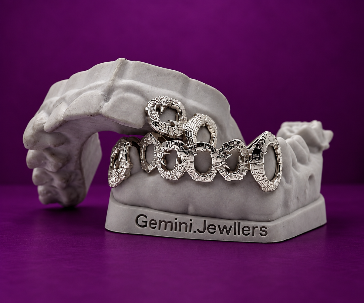 AZTEC RELIC GRILLZ — Ancient Engraved Edition | 925 Sterling Silver & 14K Gold